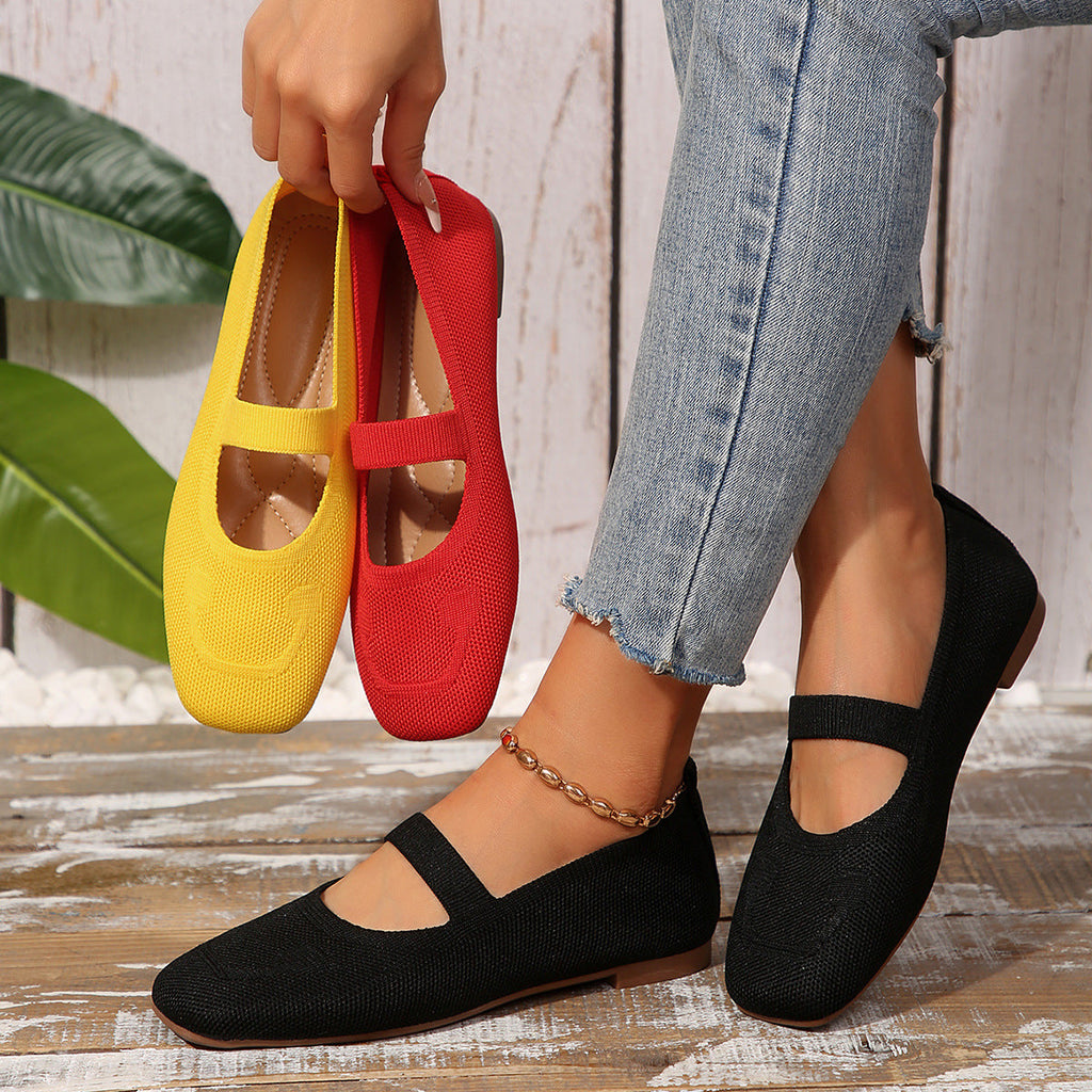Damen atmungsaktive Ballerinas mit flexiblem Gummi-Obermaterial und verstellbarem Riemen