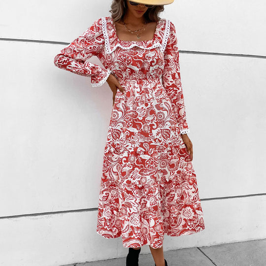Damen Midikleid im Paisley-Print mit Spitzenvolant, quadratischem Ausschnitt und elastischer Taillennaht Shop Nory