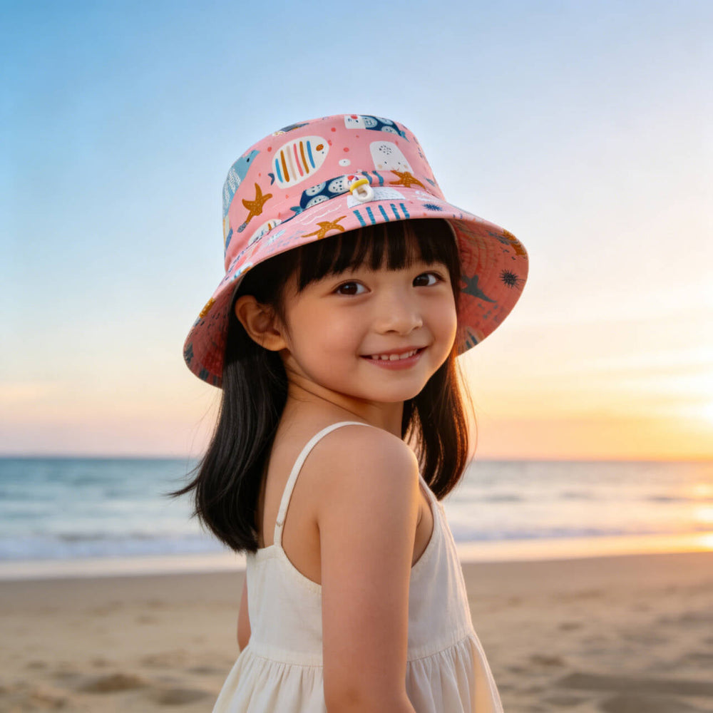 Unisex nan Kinder-Sonnenhut mit Wendemotiv, Kinnband und hohem UV-Schutz  Shopnory