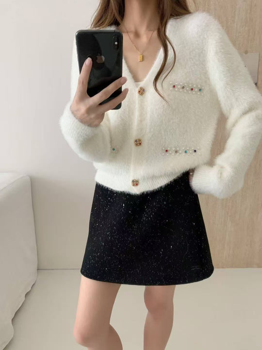Damen Verspielter V-Ausschnitt Cardigan mit Perlen Shop Nory