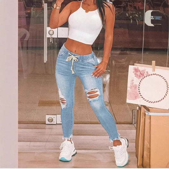 Damen Hochtaillierte Slim-Jogger-Jeans mit Destroyed-Einsätzen und Kordelzug Shop Nory