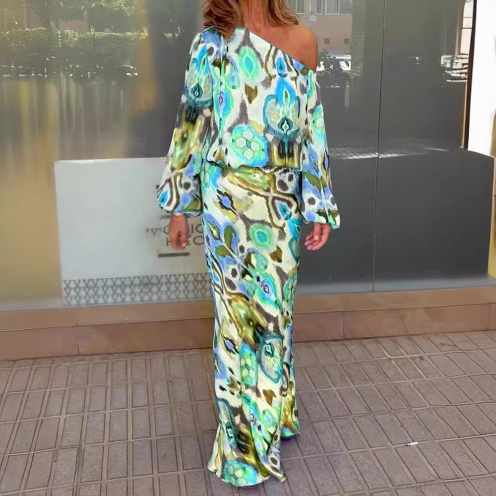 Damen Maxikleid mit asymmetrischer Ein-Schulter, fließendem Satin und Glockenärmeln Shop Nory