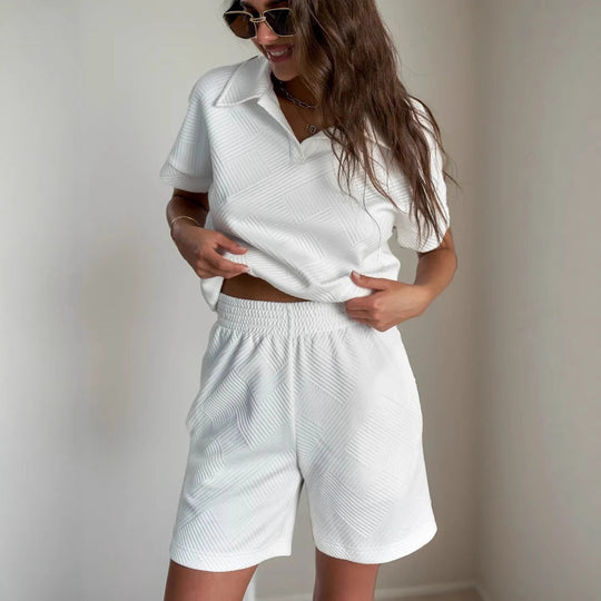 Damen lässiges Poloshirt und Shorts-Set mit strukturiertem Material