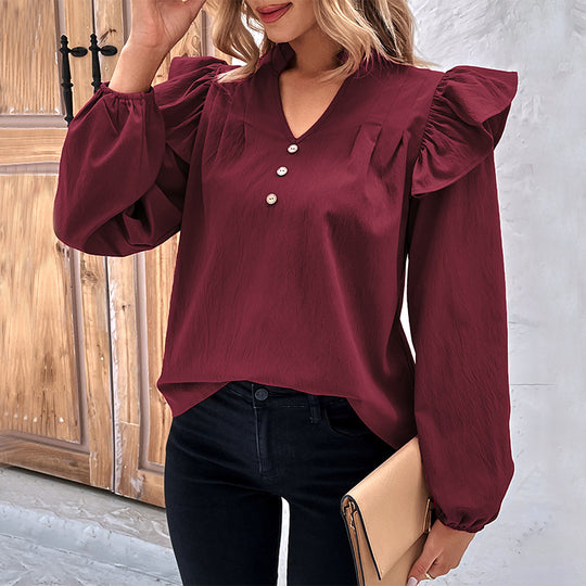 Damen Romantische Rüschenbluse mit Stehkragen, V‑Ausschnitt und Ballonärmeln Shop Nory