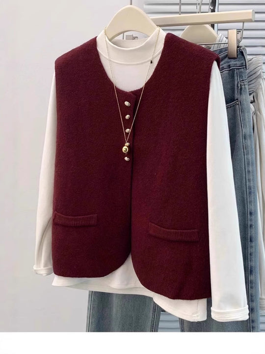 Damen Kurzgeschnittene Ärmellose Strickweste mit Perlenknopfleiste und aufgesetzten Taschen Shop Nory