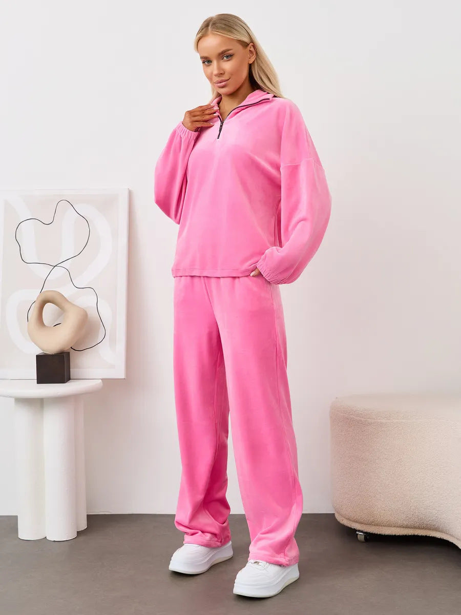 Damen samtiges zweiteiliges Lounge-Set mit Kapuzen-Halbzip und elastischer Bundhose Shop Nory