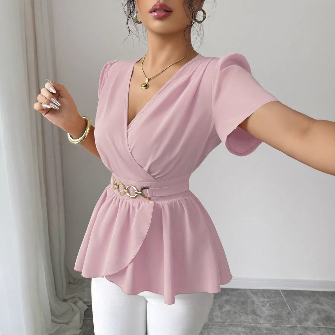 Damen Wickelbluse mit Taillen-Gürtel und asymmetrischem Volant Shop Nory