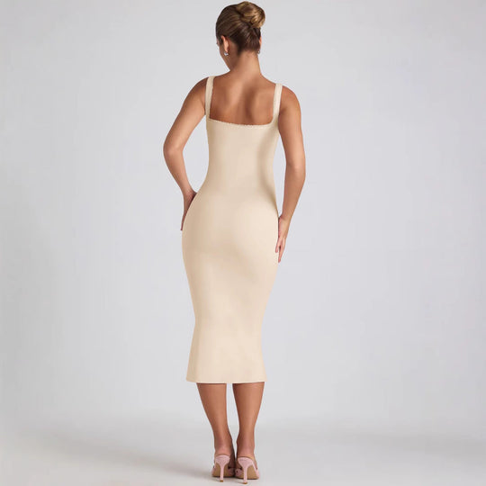 Damen figurbetontes Midikleid mit quadratischem Ausschnitt und Spitzenakzenten