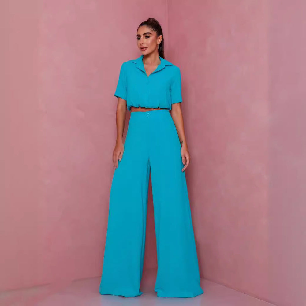 Damen Elegantes Kurzarm-Blusen und Palazzo-Hosen-Ensemble