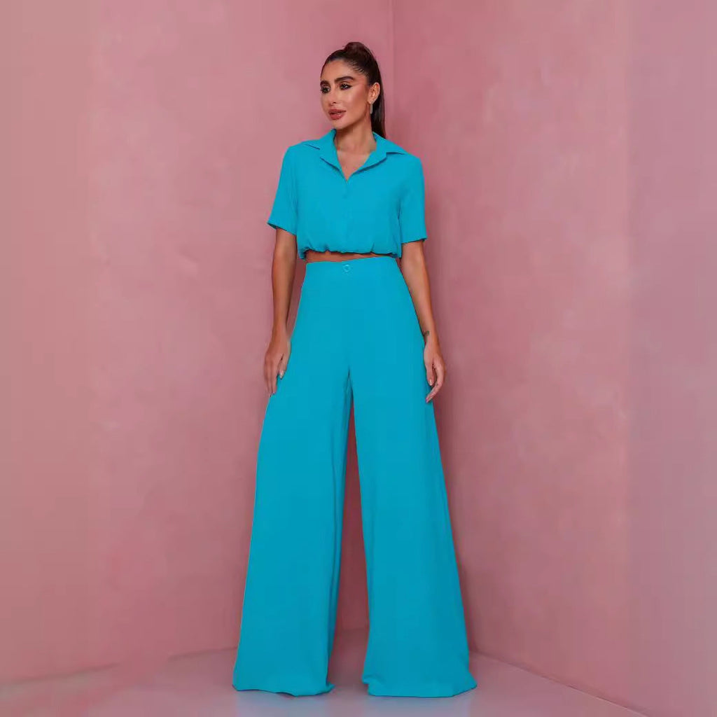 Damen Elegantes Kurzarm-Blusen und Palazzo-Hosen-Ensemble