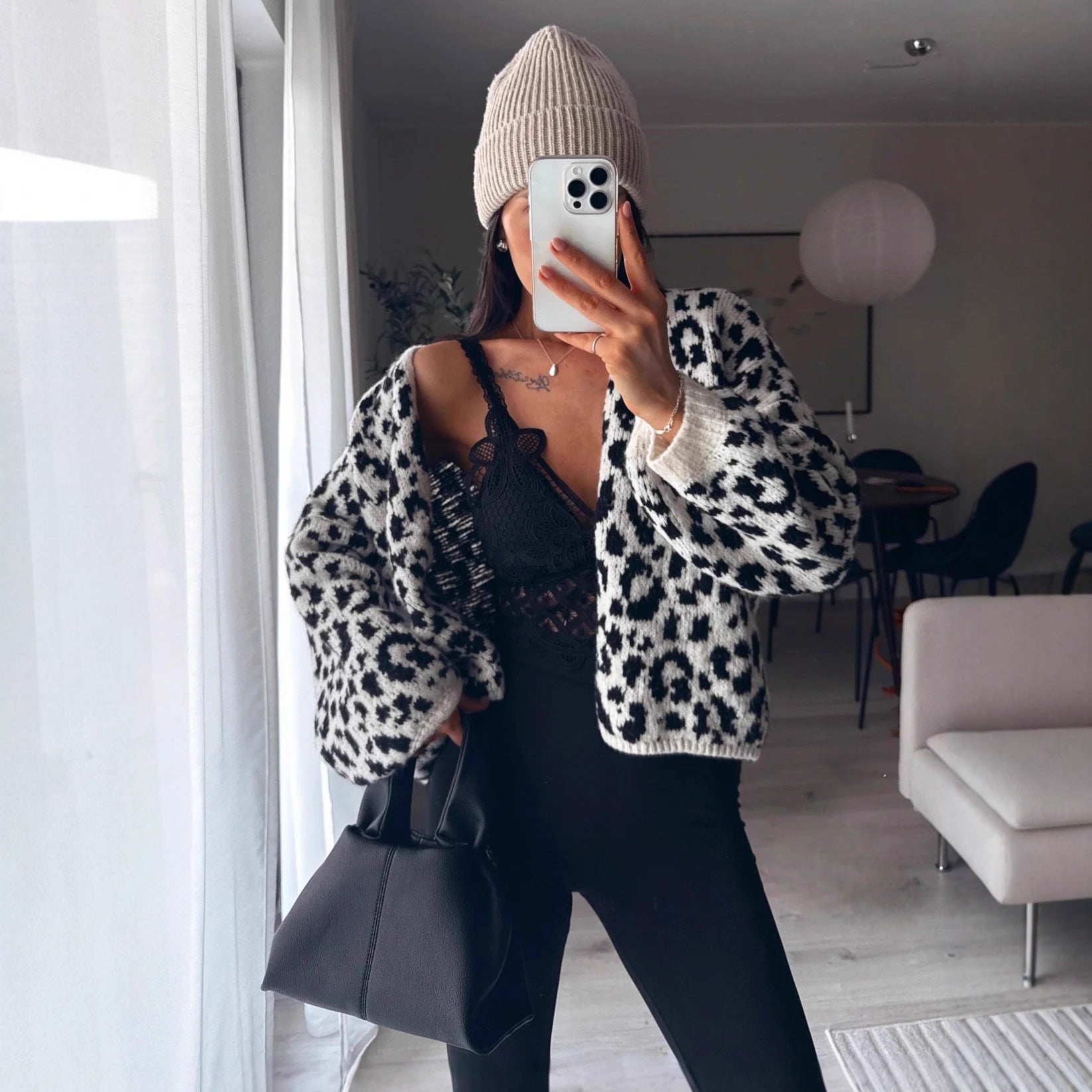 Damen lässige Strickjacke im Leopardenmuster Shopnory