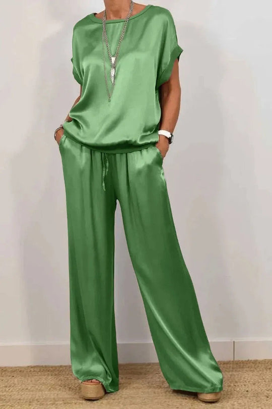 Damen Elegantes Satin Lounge-Set mit weitem Schnitt und lässigem Oberteil