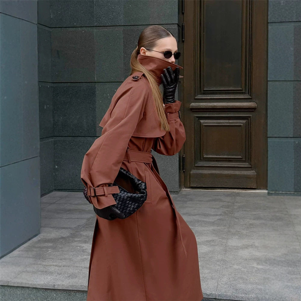 Damen Lang geschnittener wasserabweisender Trenchcoat mit hohem Stehkragen und Taillengürtel Shop Nory