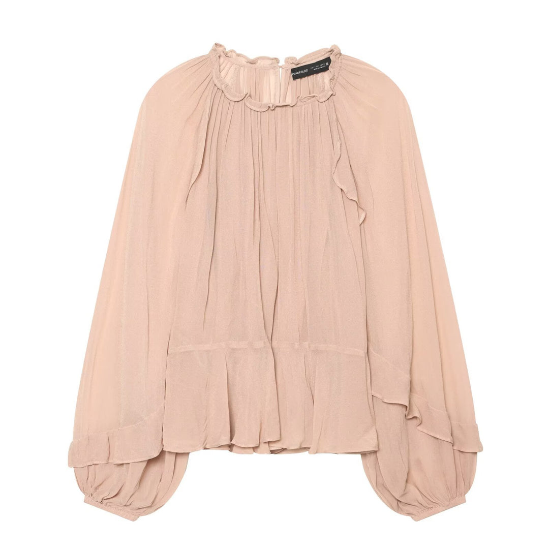 Damen Plissierte Chiffon-Bluse mit Rüschkragen und Ballonärmeln Shop Nory