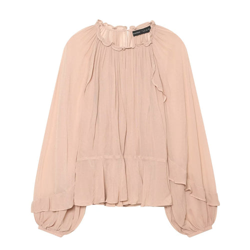 Damen Plissierte Chiffon-Bluse mit Rüschkragen und Ballonärmeln Shop Nory