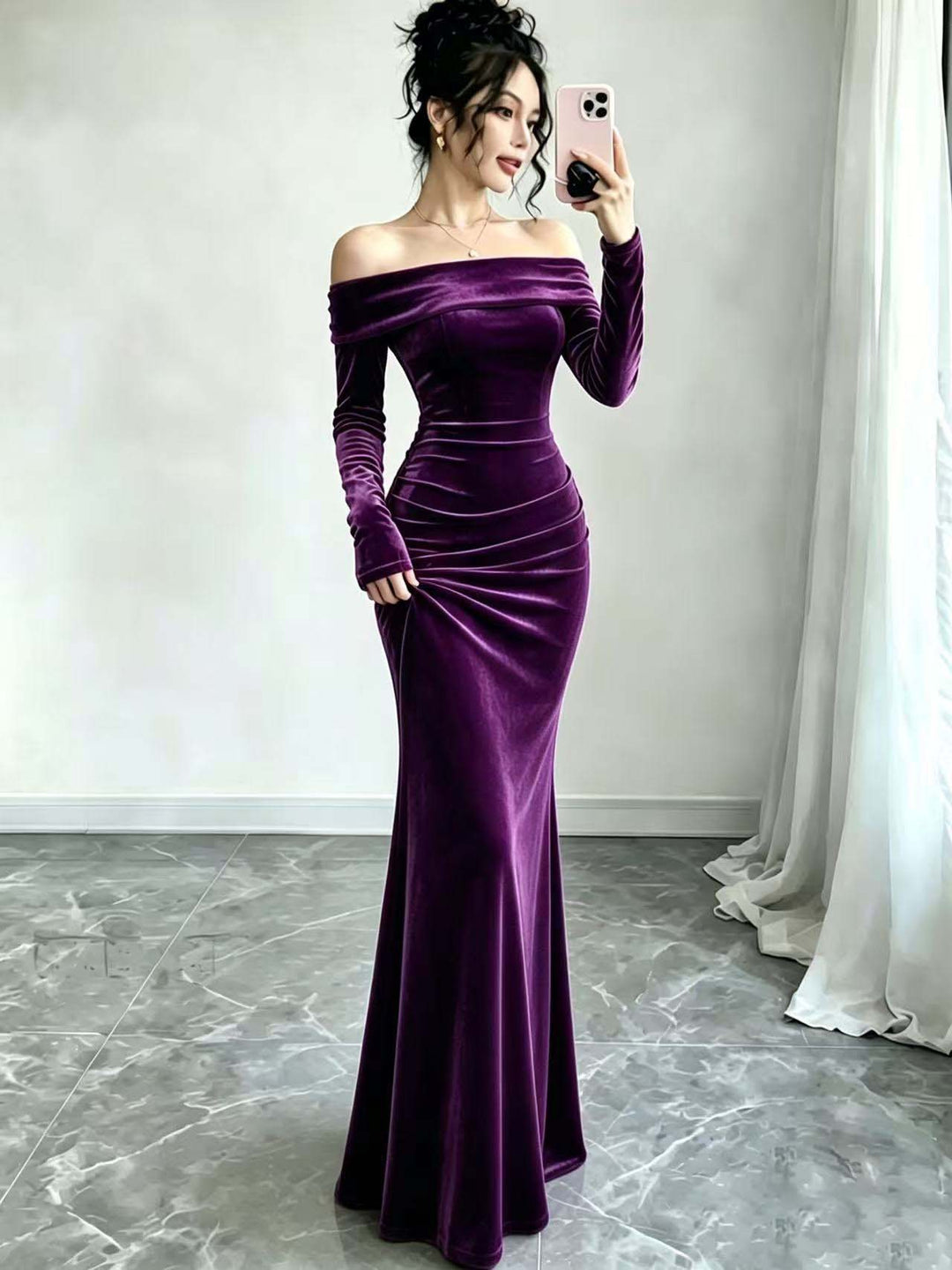 Damen Langes Samtabendkleid mit Carmenausschnitt und tiefem Rückenausschnitt Shop Nory