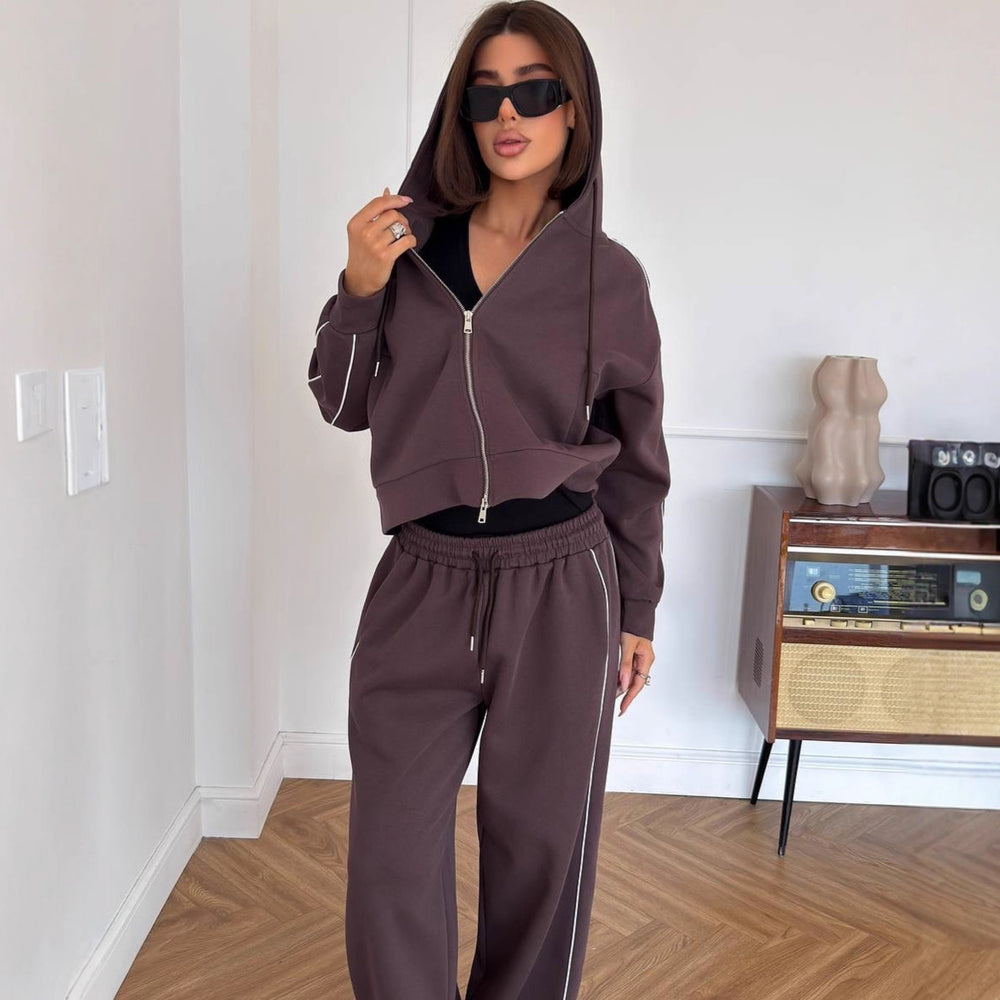 Damen Lässiges zweiteiliges Lounge-Set mit oversized Zipjacke und weitem Kordelzug-Hosenbund Shop Nory