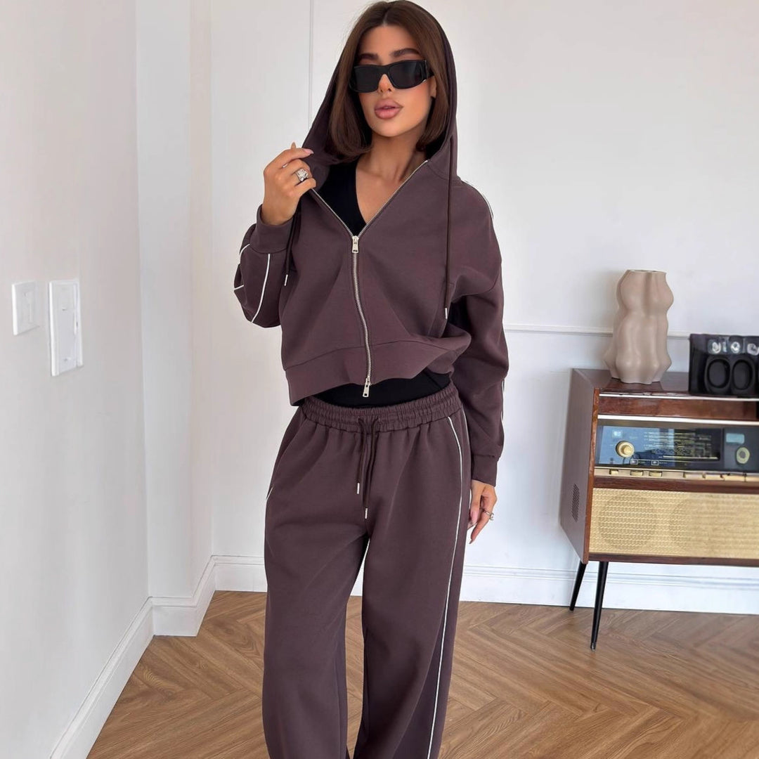 Damen Lässiges zweiteiliges Lounge-Set mit oversized Zipjacke und weitem Kordelzug-Hosenbund Shop Nory