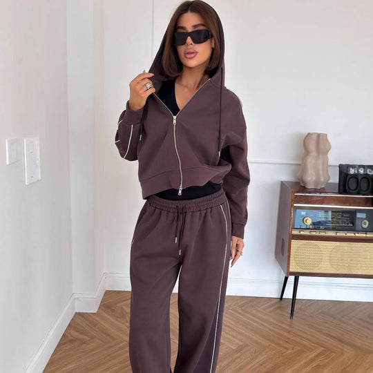 Damen Lässiges zweiteiliges Lounge-Set mit oversized Zipjacke und weitem Kordelzug-Hosenbund Shop Nory