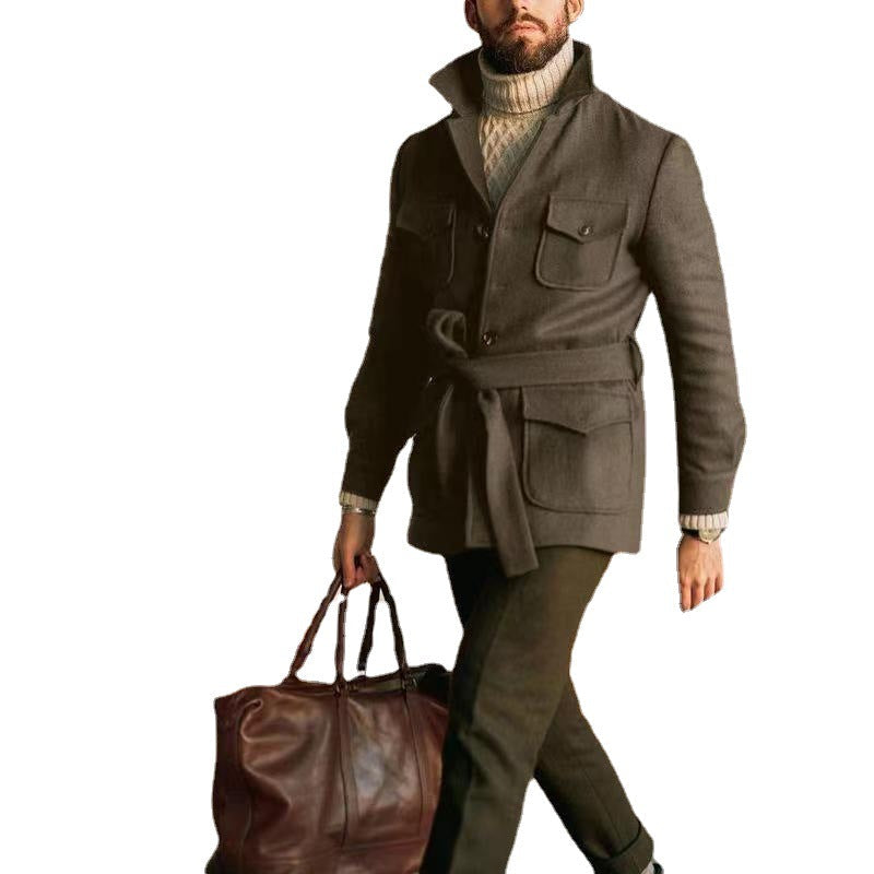 Herren multifunktionale Wool-Jacke mit Gürtel und Taschen