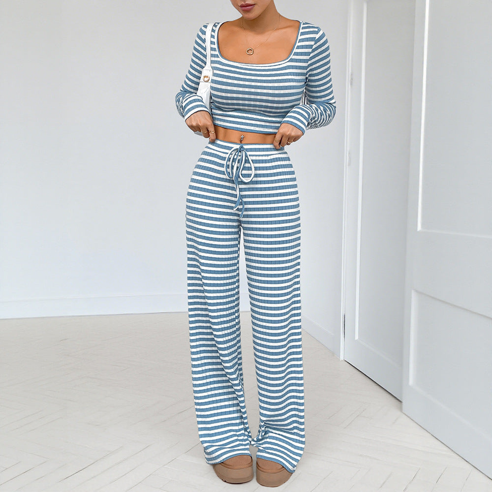 Damen Freizeitliches Zweiteiliges Set mit gestreiftem Oberteil und weitem Hose Shop Nory