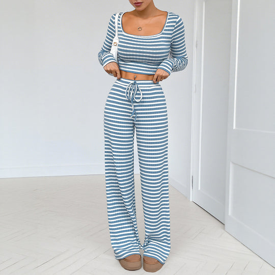 Damen Freizeitliches Zweiteiliges Set mit gestreiftem Oberteil und weitem Hose Shop Nory