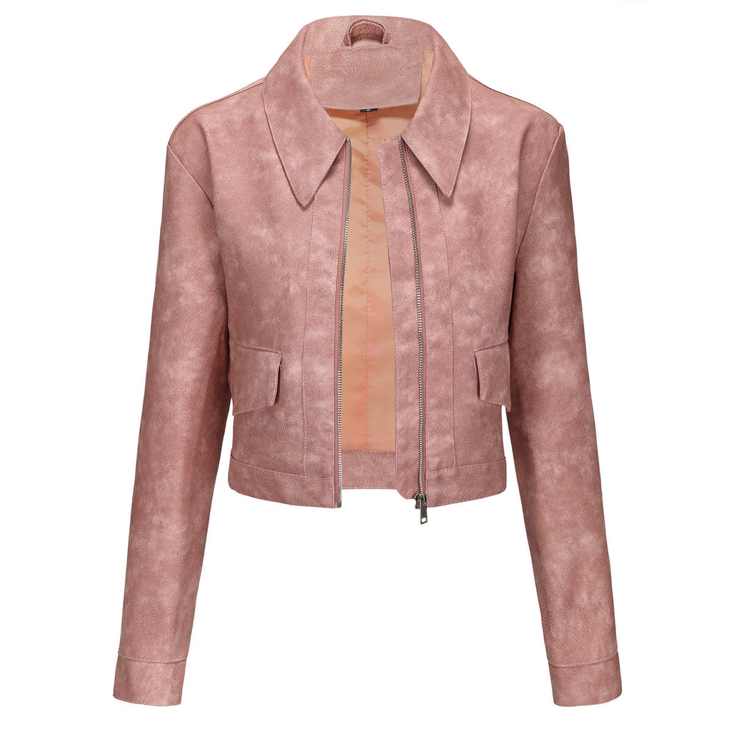 Damen modische cropped Kunstlederjacke mit klassischem Wellenkragen