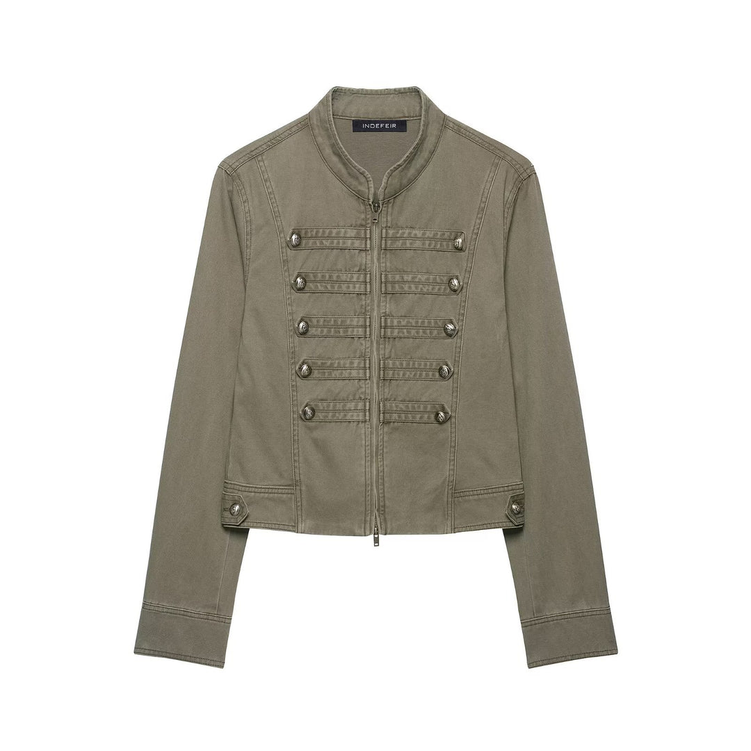 Damen Military-inspirierte Kurzjacke mit Stehkragen, Zierpatten und Reißverschluss Shop Nory
