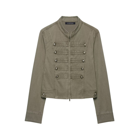 Damen Military-inspirierte Kurzjacke mit Stehkragen, Zierpatten und Reißverschluss Shop Nory