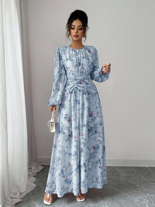 Damen Maxikleid mit floralem Schmetterlingsprint, geraffter Taillenpartie und langen Ballonärmeln Shop Nory
