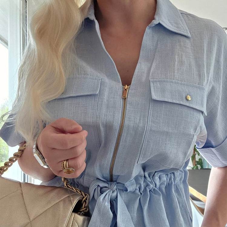 Damen Kurzarm-Bluse mit Reißverschluss, Brusttaschen & Tunnelzug-Taille Shop Nory