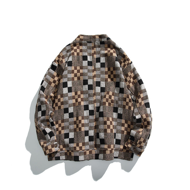 Unisex Boxy-Strickjacke im Patchwork-Karo mit V-Ausschnitt, Druckknopffront und aufgesetzten Taschen Shop Nory