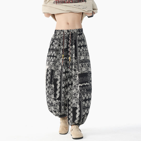 Damen lässige Pluderhose im Ethno-Print mit elastischem Bund, Kordelzug und gesmokten Bündchen Shop Nory