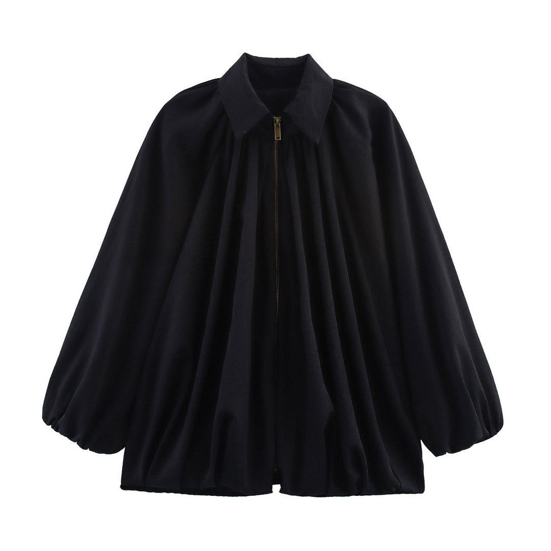 Damen Weite plissierte Cape-Bluse mit Stehkragen und verdecktem Reißverschluss Shop Nory