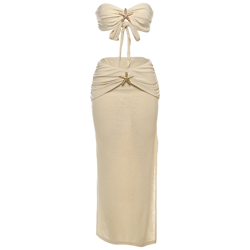 Damen Crop-Top und Maxirock Set mit eleganten Drapierungen und schimmernden Akzenten