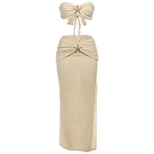 Damen Crop-Top und Maxirock Set mit eleganten Drapierungen und schimmernden Akzenten