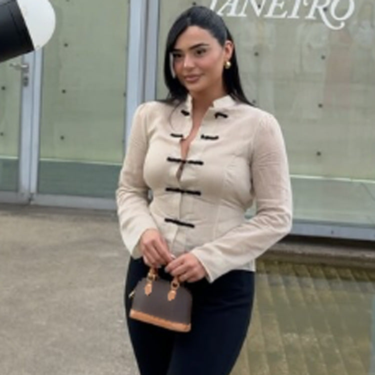 Damen Chinesisch-inspirierte Cordjacke mit Stehkragen, Froschverschlüssen & Taillengürtel Shop Nory