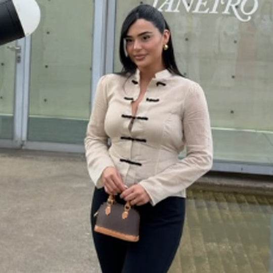 Damen Chinesisch-inspirierte Cordjacke mit Stehkragen, Froschverschlüssen & Taillengürtel Shop Nory