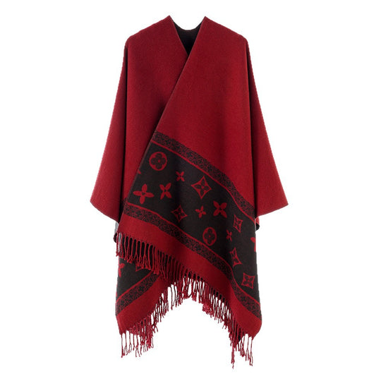 Damen Eleganter V-Ausschnitt Poncho aus feinem Wollmix mit kontrastierendem Jacquardbesatz und Fransensaum Shop Nory