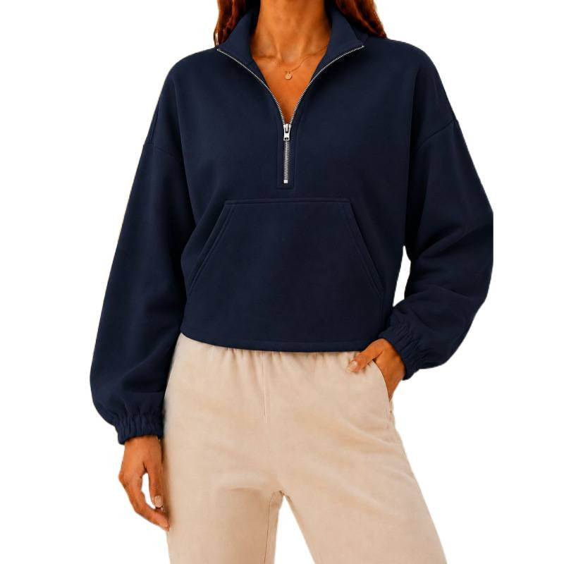 Damen Kurz geschnittener Sweatshirt-Pullover mit halbem Reißverschluss und Kängurutasche Shop Nory