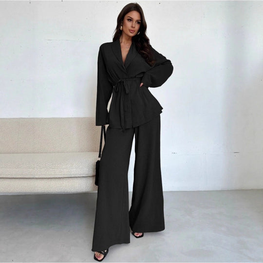 Damen Entspannter Wickelblazer und Weite-Hosen Set Shop Nory