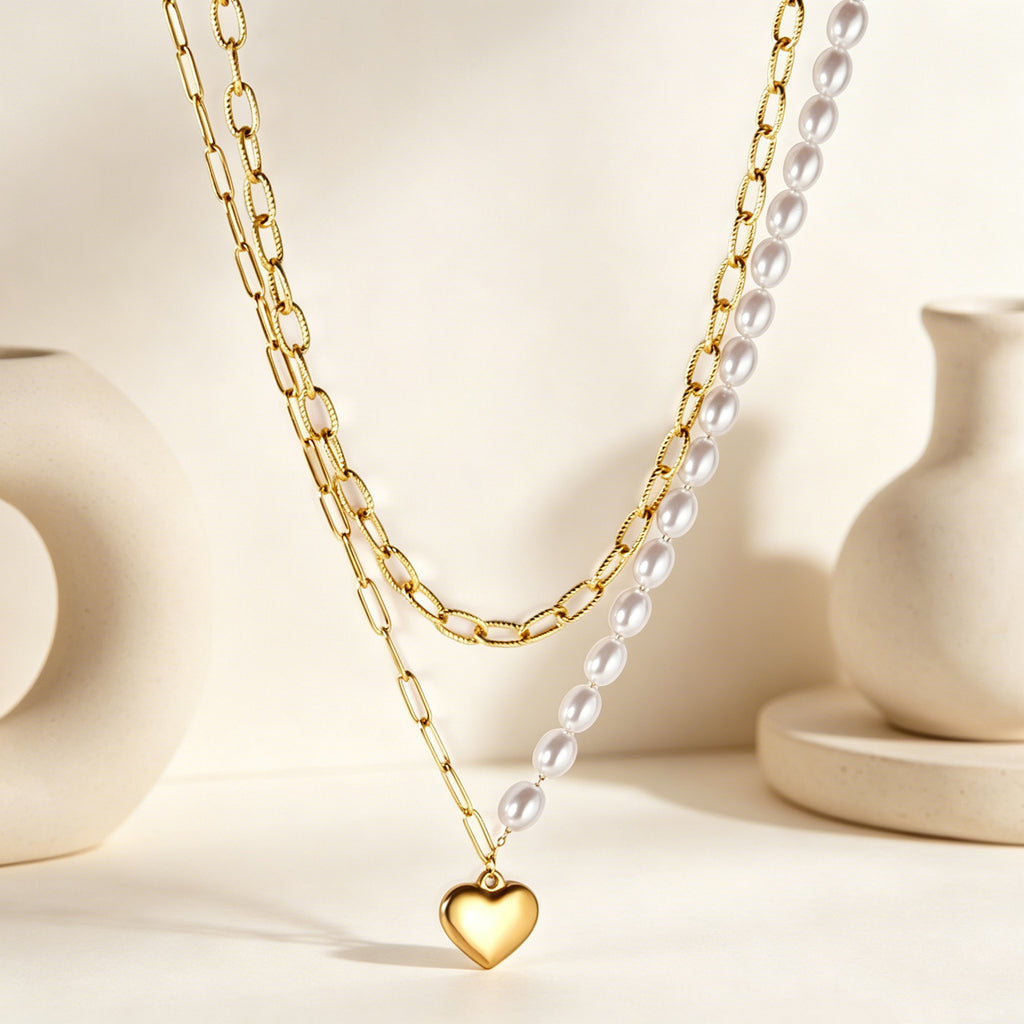 Damen Halskette mit mehrlagigem Design aus Edelstahl und goldplattiertem Herzanhänger Shop Nory