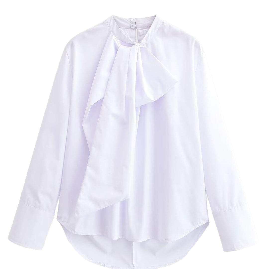 Damen Seidige Schluppenbluse mit Zierschal und verlängertem Rückensaum Shop Nory