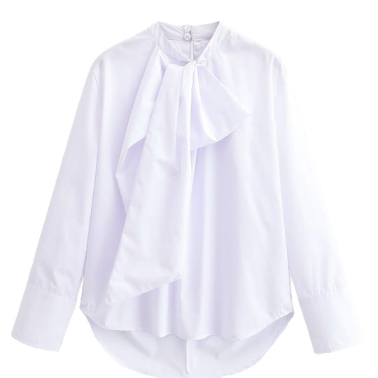 Damen Seidige Schluppenbluse mit Zierschal und verlängertem Rückensaum Shop Nory