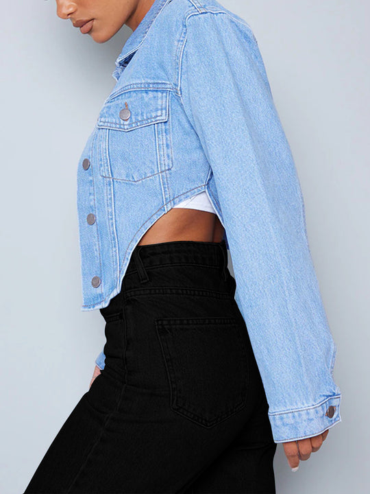 Damen kurze taillierte Cropped-Denimjacke mit geschwungenem V-Saum Shop Nory
