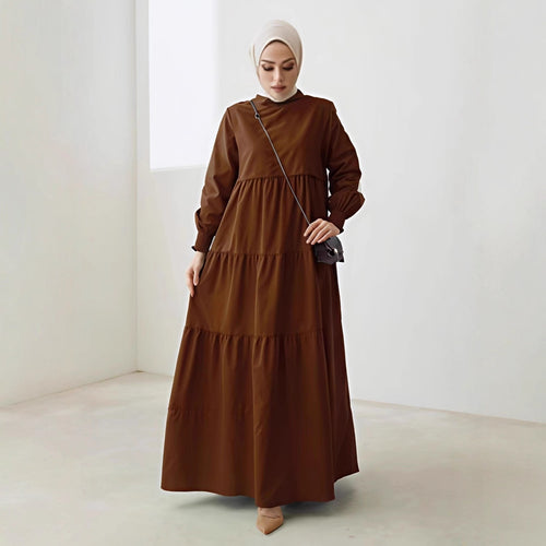 Damen Maxikleid mit Stufenrock, hohem Kragen und gerafften Ärmeln Shop Nory