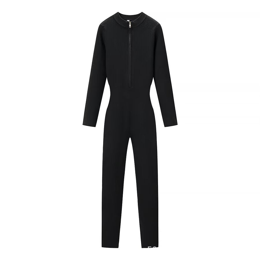 Damen Figurbetonter Strick-Overall mit Stehkragen und Frontreißverschluss Shop Nory