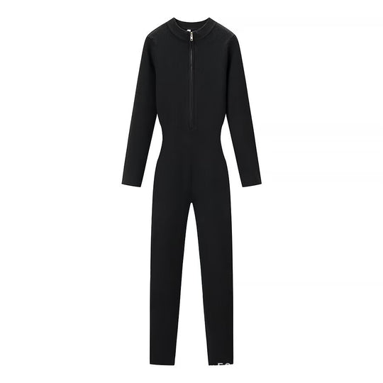Damen Figurbetonter Strick-Overall mit Stehkragen und Frontreißverschluss Shop Nory