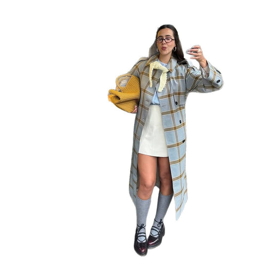 Damen langer kariierter Mantel im Trenchcoat-Stil mit doppelter Knopfleiste Shop Nory