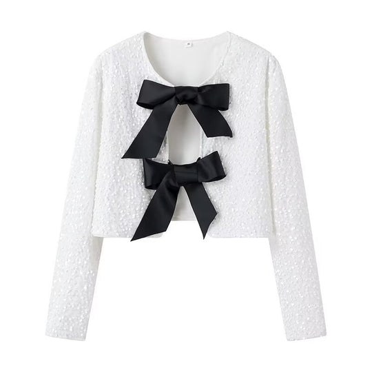 Damen Kurze Paillettenjacke mit Zierschleifen, Rundhalsausschnitt und langen Ärmeln Shop Nory